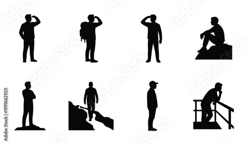 Hiker silhouette collection, 8 black vector man figures in nature, traveler and explorer silhouettes looking at horizon, outdoor adventure people set