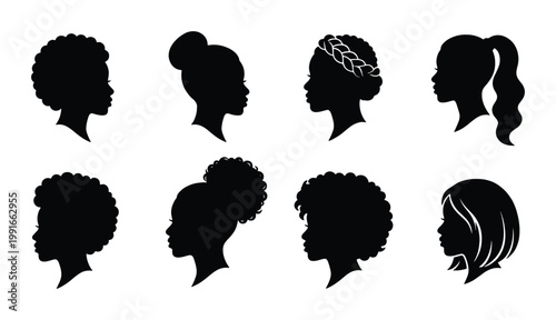 Black woman silhouette head profiles, set of 8 African American female hairstyles, curly afro and braided hair vector icons for beauty branding