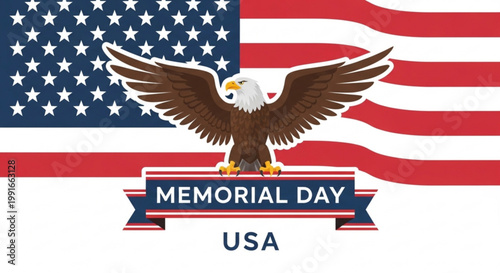 Bald eagle spreading wings on american flag background with memorial day ribbon patriotic symbols in red white blue