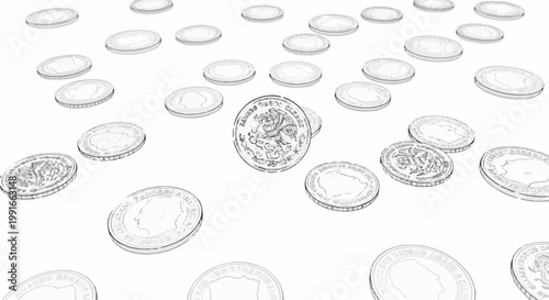 Scattered silver coins with intricate details and profiles are spread across a white surface