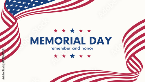 Memorial Day design with waving United States flag and hand lettering on patriotic banner background vector illustration.