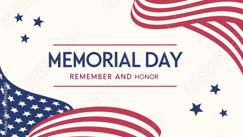 US holiday banner for Memorial Day featuring hand lettering and waving American flag on patriotic background.