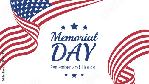 Memorial Day banner with waving American flag and hand lettering on patriotic United States holiday background illustration.