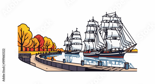 Sailboats moored by an autumnal tree-lined harbor promenade