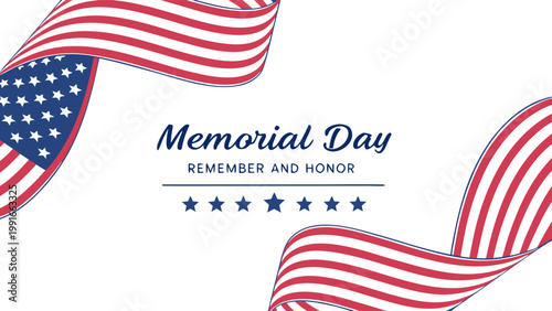 US Memorial Day holiday banner with hand lettering and waving American flag on patriotic background vector illustration.
