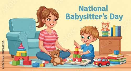 Caring babysitter playing with a young boy surrounded by toys and books in a cozy colorful room