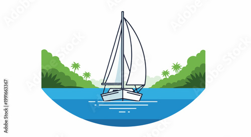 Sailboat glides on blue water with tropical island backdrop