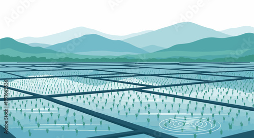 Serene green rice paddies reflect misty blue mountains under a white sky