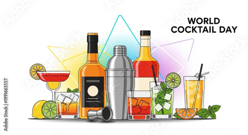 Bright colorful flat design illustration of cocktail shaker bottles mixed drinks and lime slices for world cocktail day celebration