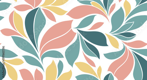 Colorful seamless pattern with abstract organic leaves and natural flowing shapes in pastel tones on an isolated white background.
