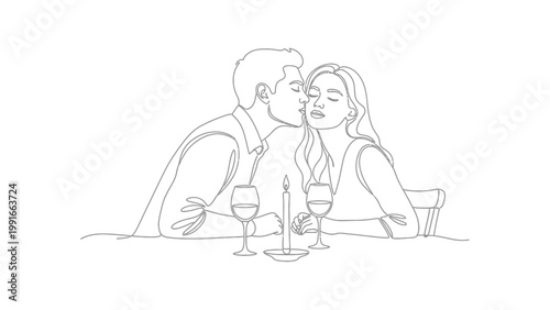 Romantic couple sharing a kiss at dinner.