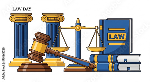 Judicial symbols featuring a wooden gavel balanced scales law books and pillars symbolizing justice and legal authority
