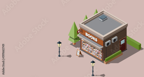 Isometric bookshop. Bookstore. Isometric vector bookshop building. Isometric exterior of bookshop. Isometric of street shop building