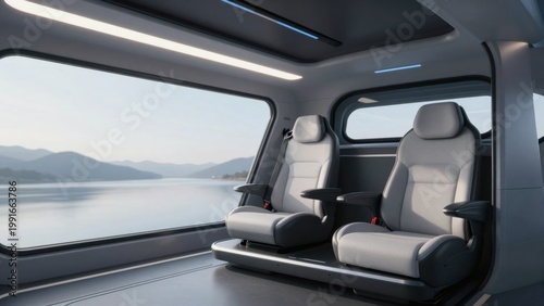 Modern Interior of a Luxury Vehicle with Scenic Views of Nature and Expansive Windows