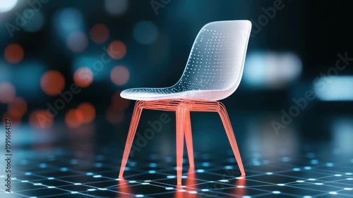 Futuristic transparent chair design with red accents and digital elements