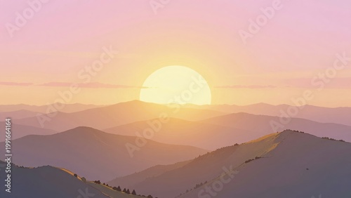 Golden Sunset Over Rolling Mountains Silhouetted Against a Colorful Pastel Sky