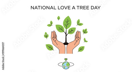 Hands holding a young sapling with green leaves and butterflies on national love a tree day with earth symbol