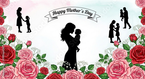 Silhouettes of families embracing and children playing surrounded by roses and a happy mother's day banner in pink and green tones