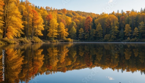 Vibrant Autumn Landscape with Trees Reflecting on Calm Lake Under Clear Blue Sky