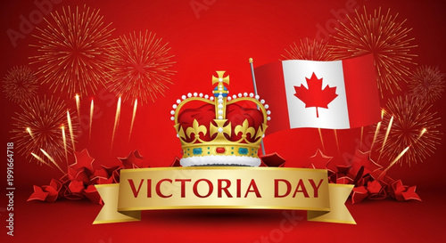 Golden crown with maple leaf flag celebrating victoria day on vibrant red background with fireworks and sparklers