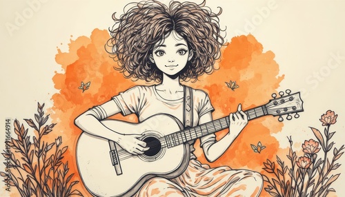 Illustration of a Young Girl Playing Guitar Surrounded by Flowers in Warm Orange Tones
