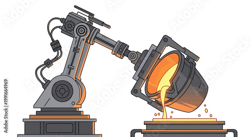Industrial robot arm pouring molten metal, foundry machinery, industrial automation, manufacturing process