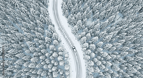 Aerial view of a car on a snowy forest road, winter scene