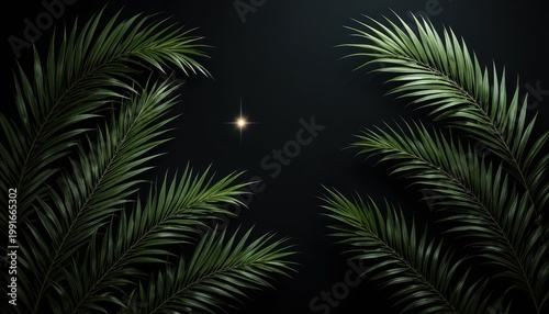 Elegant Green Leaves Framing Soft Light in a Darkened Background Creating a Tranquil Atmosphere