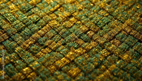 Closeup of Textured Woven Textile in Gold and Green Shades Highlighting Rich Patterns and Details