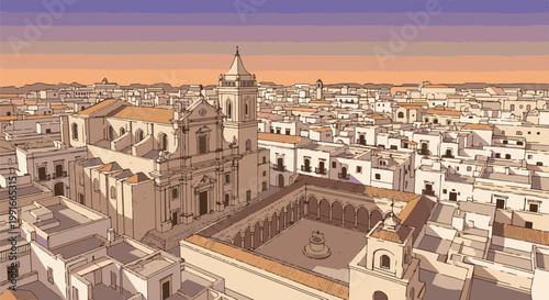 Aerial view of a European town square with a church and courtyard