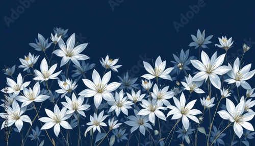 Elegant Floral Arrangement of White Flowers on Dark Blue Background for Artistic Decoration