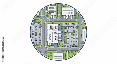 Aerial view of a modern business complex with buildings and parking