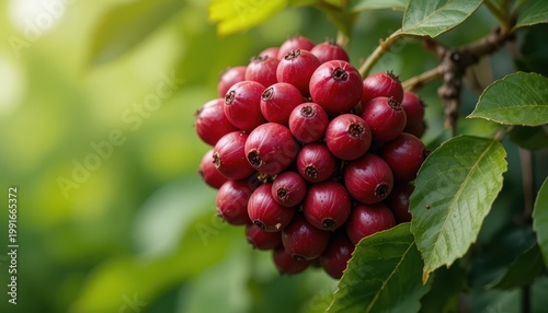 Clusters Of Ripe Red Berries Glowing Under Sunlight Surrounded By Lush Green Leaves