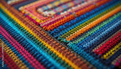 Colorful Woven Textile with Geometric Patterns and Textured Surface Showcasing Vibrant Artistry
