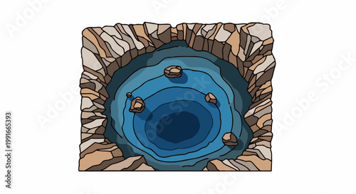 Aerial view of a rocky crater lake with depth contours