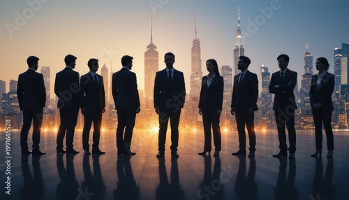 Professional Team Silhouettes Against a Vibrant City Skyline at Dusk with Inspirational Atmosphere