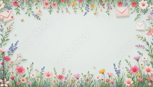 Charming Floral Border With Colorful Flowers and Envelopes on a Soft Pastel Background