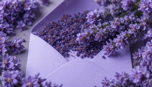 Lavender Flower Petals and Seeds Inside a Purple Envelope Surrounded by Fresh Blooms