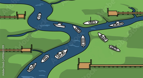 Aerial view of a winding blue river with several boats docked and sailing