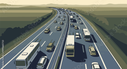 Aerial view of pixelated highway traffic with cars and buses under a hazy sky