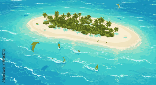 Aerial view of tropical island with palm trees and people enjoying water sports