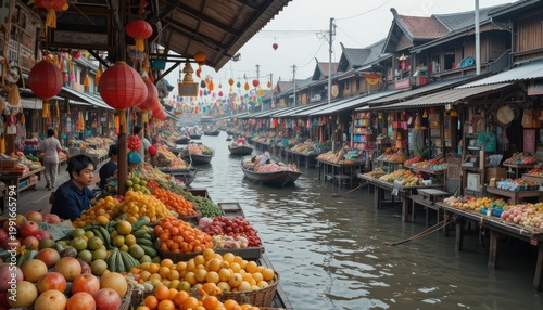 Vibrant Floating Market Scene with Colorful Fruit Stalls and Boats in a River in Asia