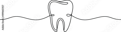 Minimalist single line drawing of a tooth connected to wavy lines illustration