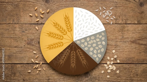 Colorful Arrangement of Various Grains in a Pie Chart Design on a Rustic Wooden Table