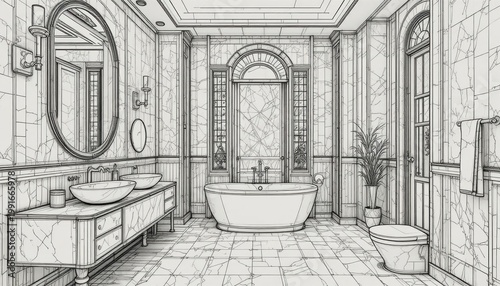 Elegant and Spacious Bathroom Interior Sketch Featuring Modern Tub and Stylish Fixtures