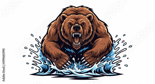 Aggressive brown bear charging through splashing water with bared teeth