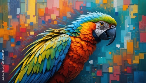 Vibrant Colorful Parrot Portrait with Abstract Background and Geometric Patterns