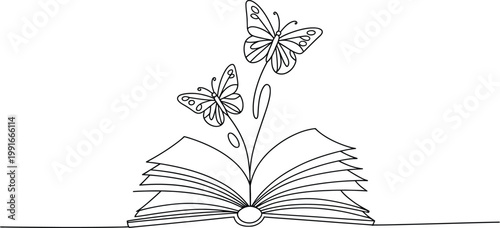 Open book with decorative butterflies flying out as creative reading illustration