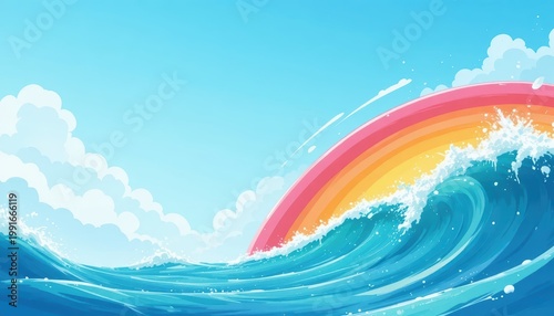 Vibrant Ocean Waves with a Colorful Rainbow Against a Clear Blue Sky and Fluffy Clouds