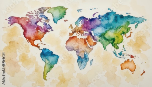 Colorful Watercolor World Map Illustration with Abstract Geographical Features and Vibrant Colors